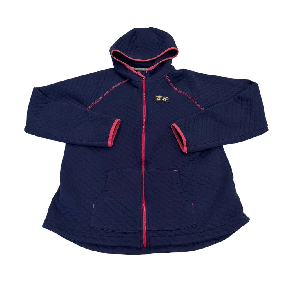 LL Bean Girls XL 18 Quilted Full Zip Hoodie Navy Blue Pink Trim Jacket 507429